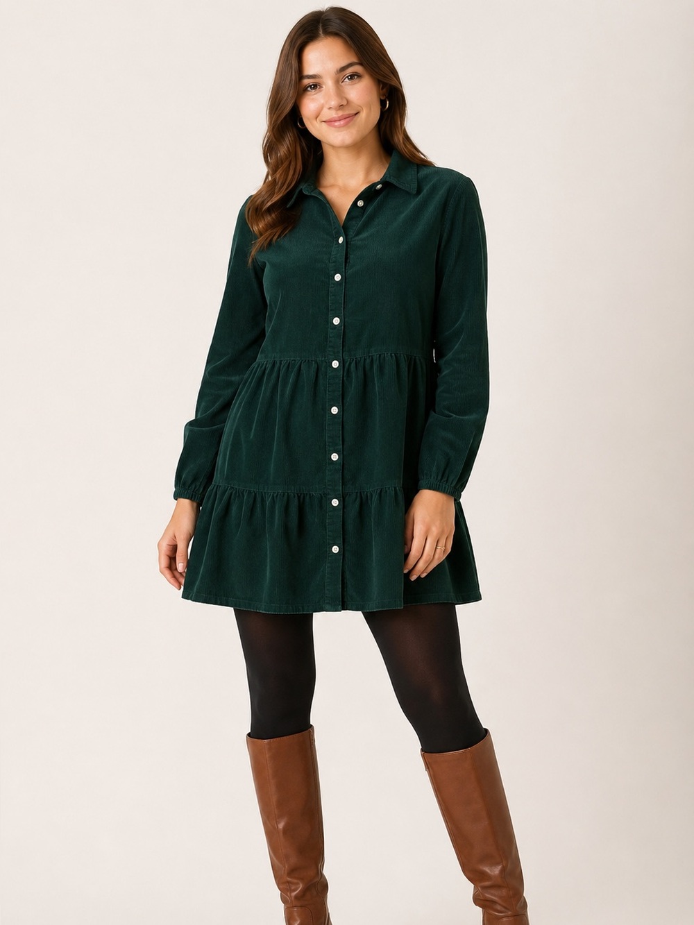J.Crew Size 2 Green Corduroy Tiered Button Front Tunic Shirt Dress Cotton